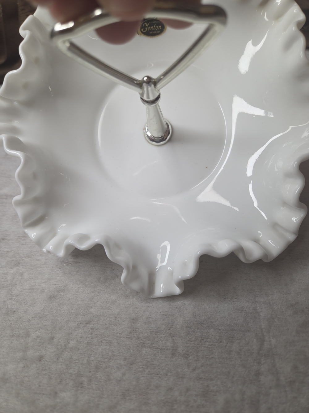Fenton White Ruffled Ceramic Single-Tier Handle Server - Picture 2 of 7